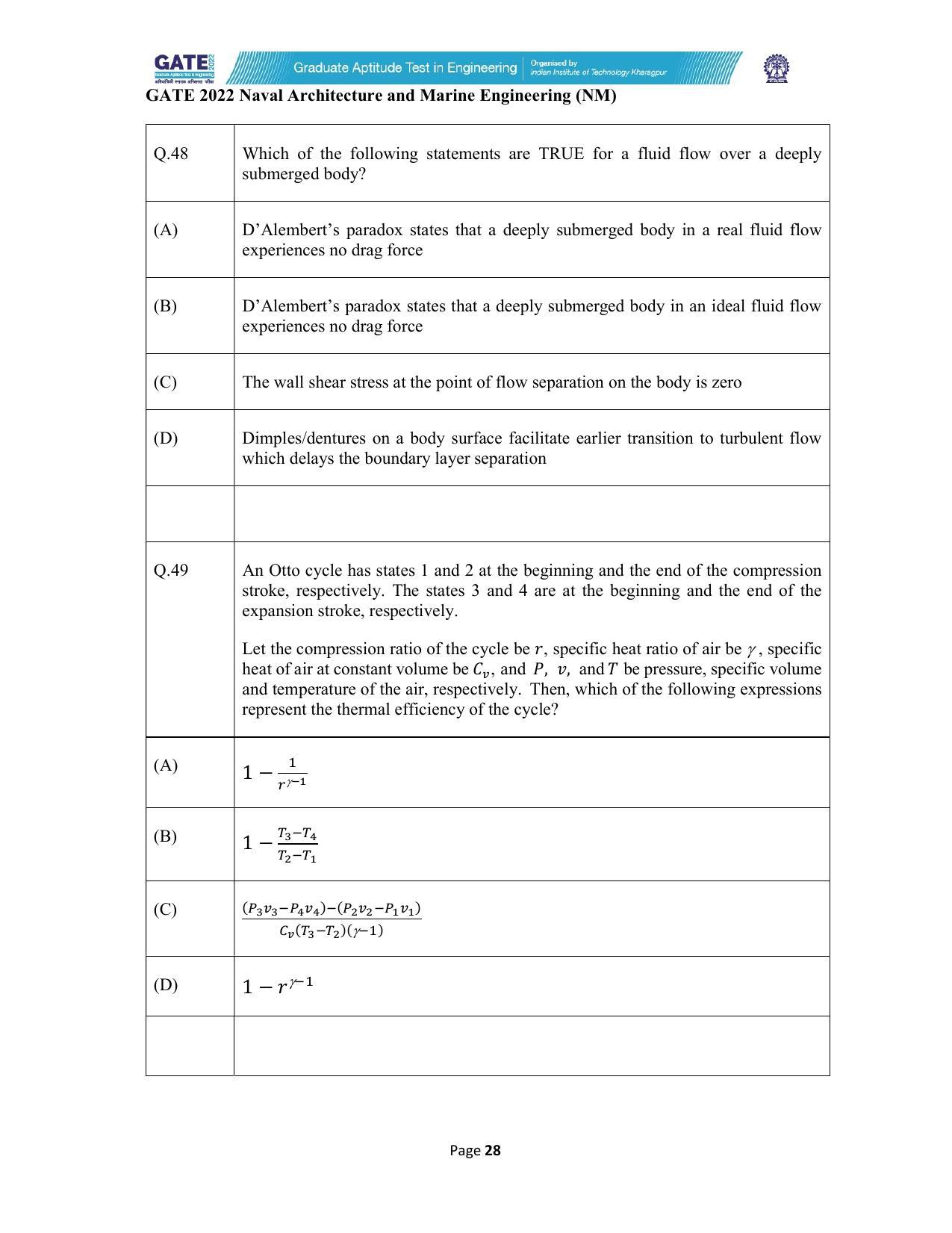 GATE 2022 Naval Architecture and Marine Engineering (NM) Question Paper - Page 28