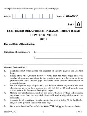 NIOS October 2022 Class 12 Customer Relationship Management (CRM) Domestic Voice Question Paper