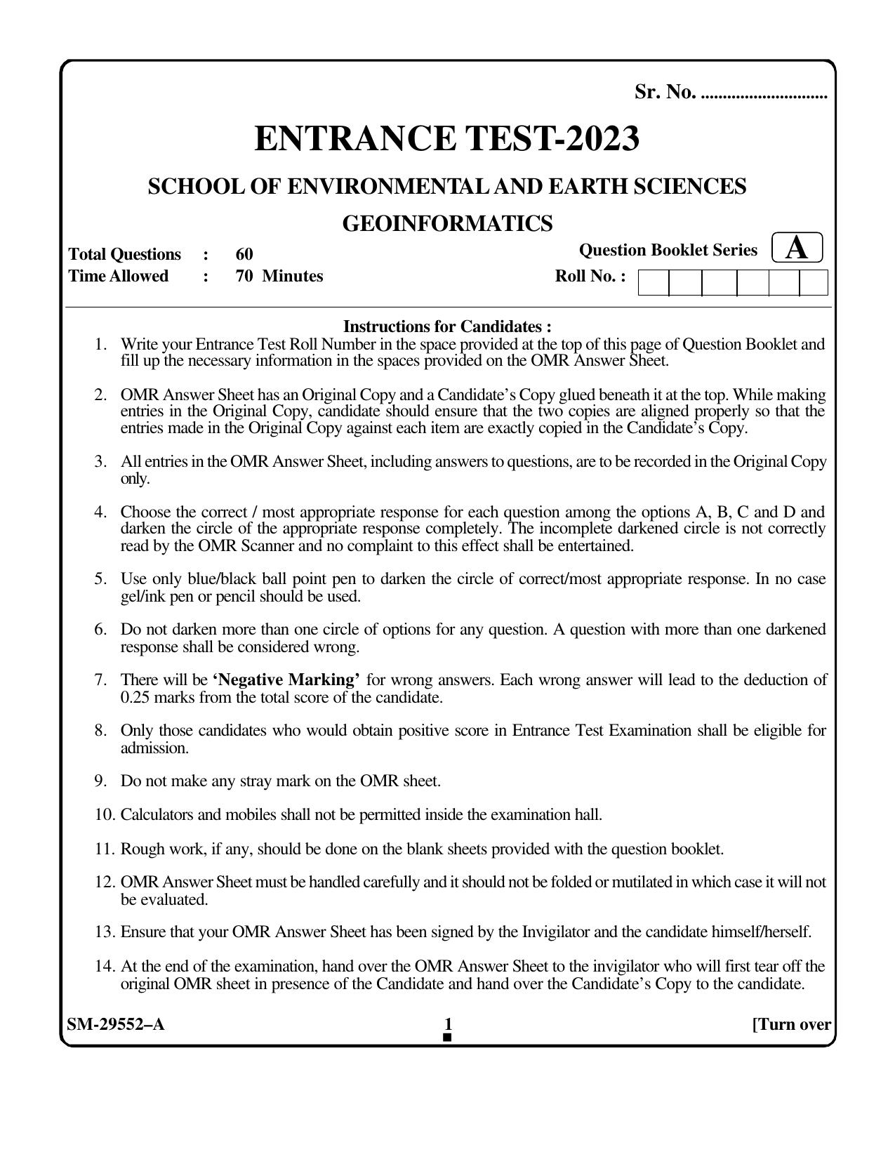 KUET 2023 M.Sc Geoinformatics Question Paper - Page 1