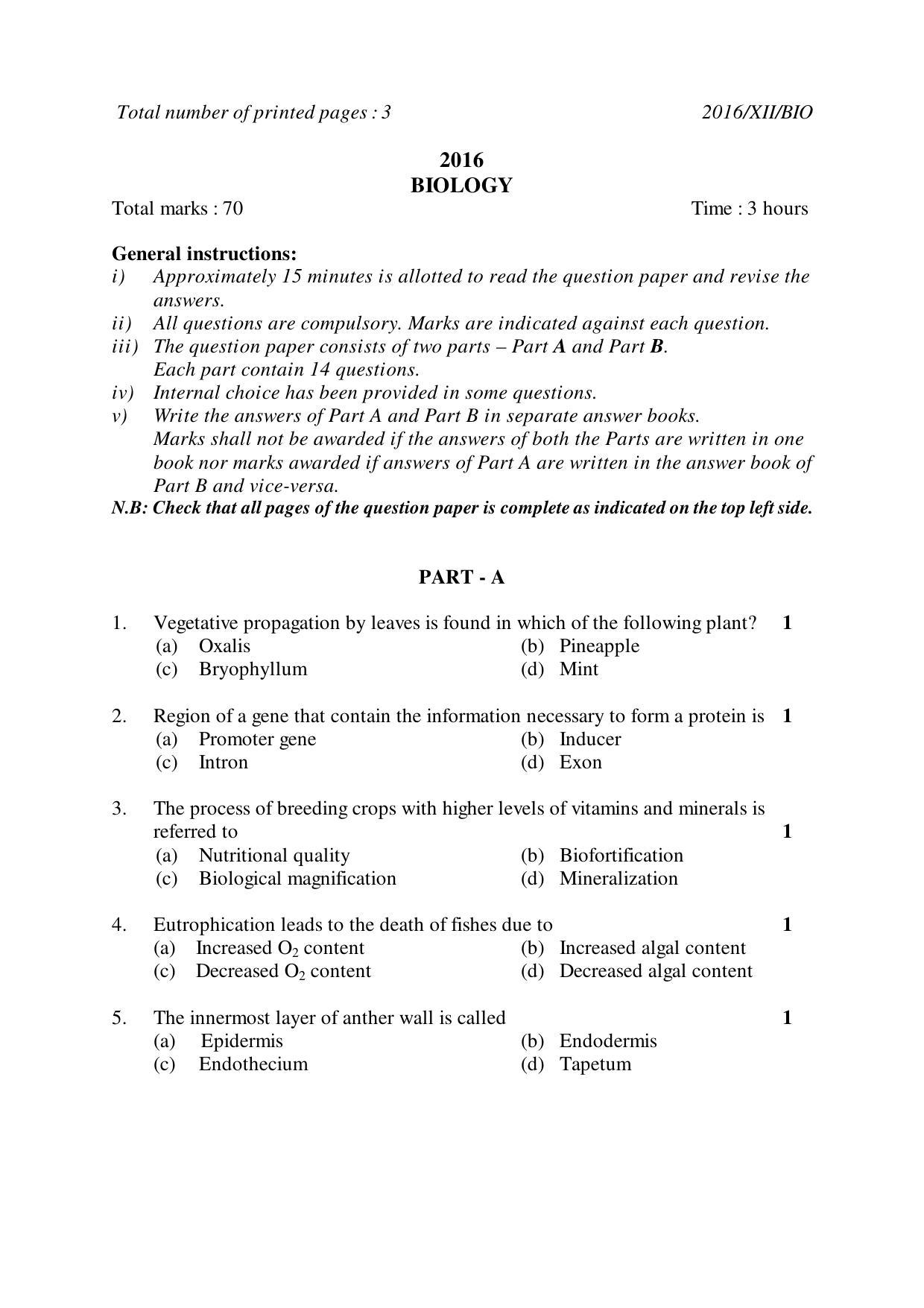 Nagaland Board Class 12 BIOLOGY 2016 Question Papers - Page 1