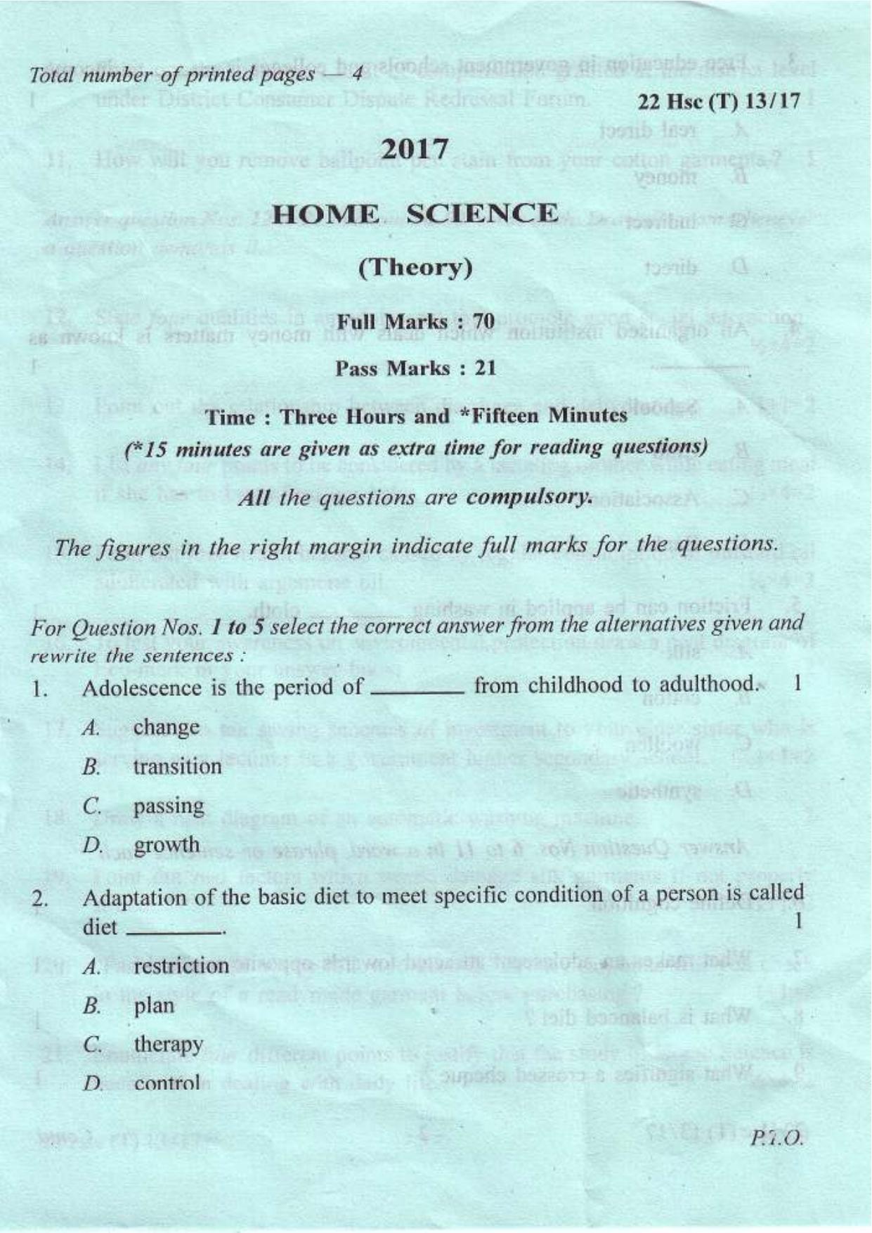 COHSEM Class 12 Home Science 2017 Question Papers - Page 1
