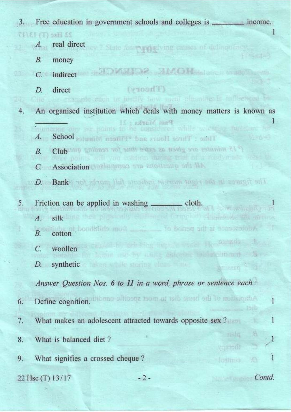 COHSEM Class 12 Home Science 2017 Question Papers - Page 2