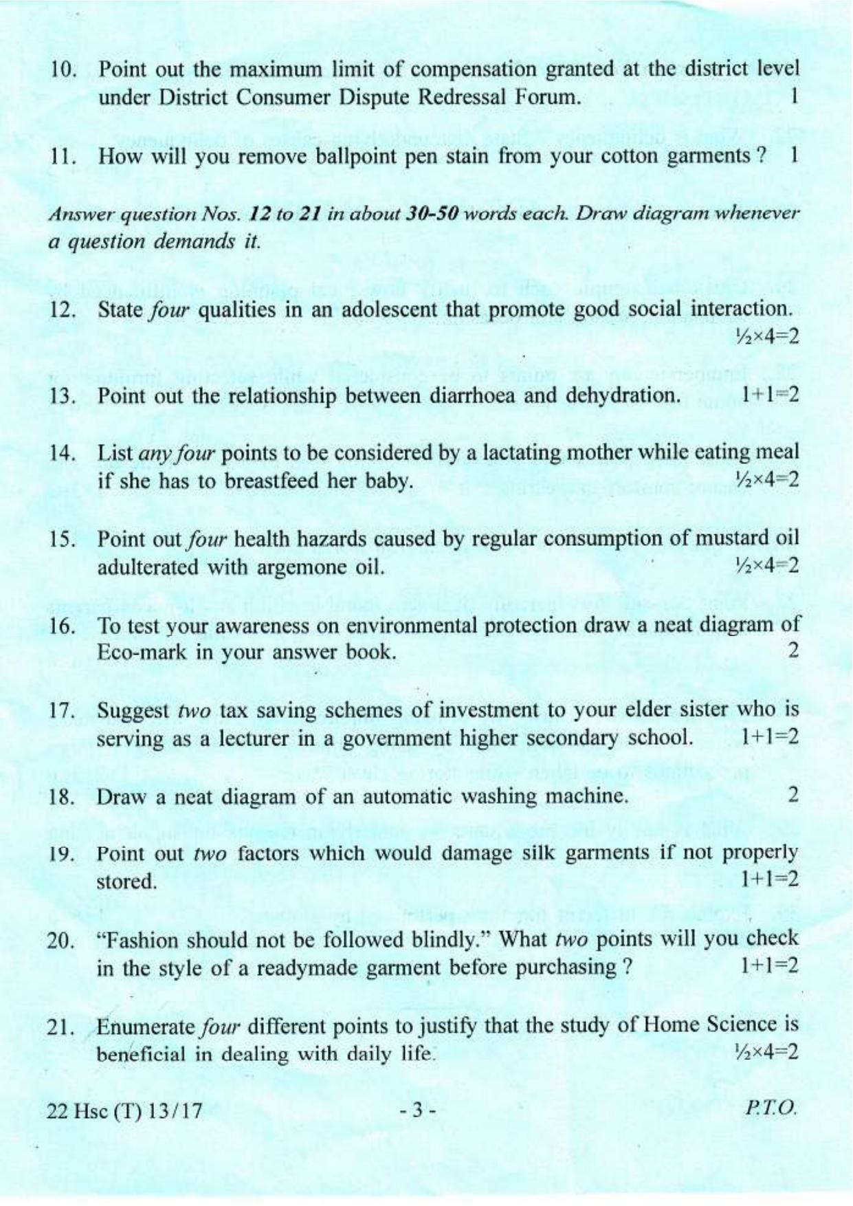 COHSEM Class 12 Home Science 2017 Question Papers - Page 3