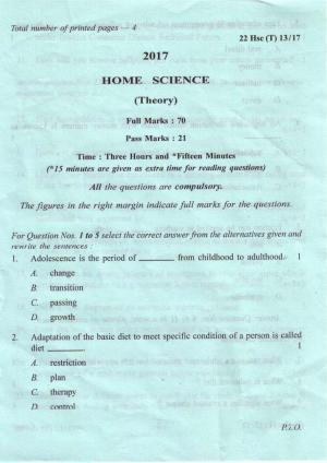 COHSEM Class 12 Home Science 2017 Question Papers