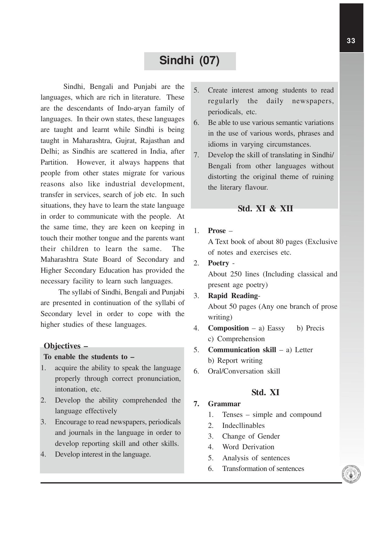 Maharashtra HSC Sindhi Syllabus - Page 1