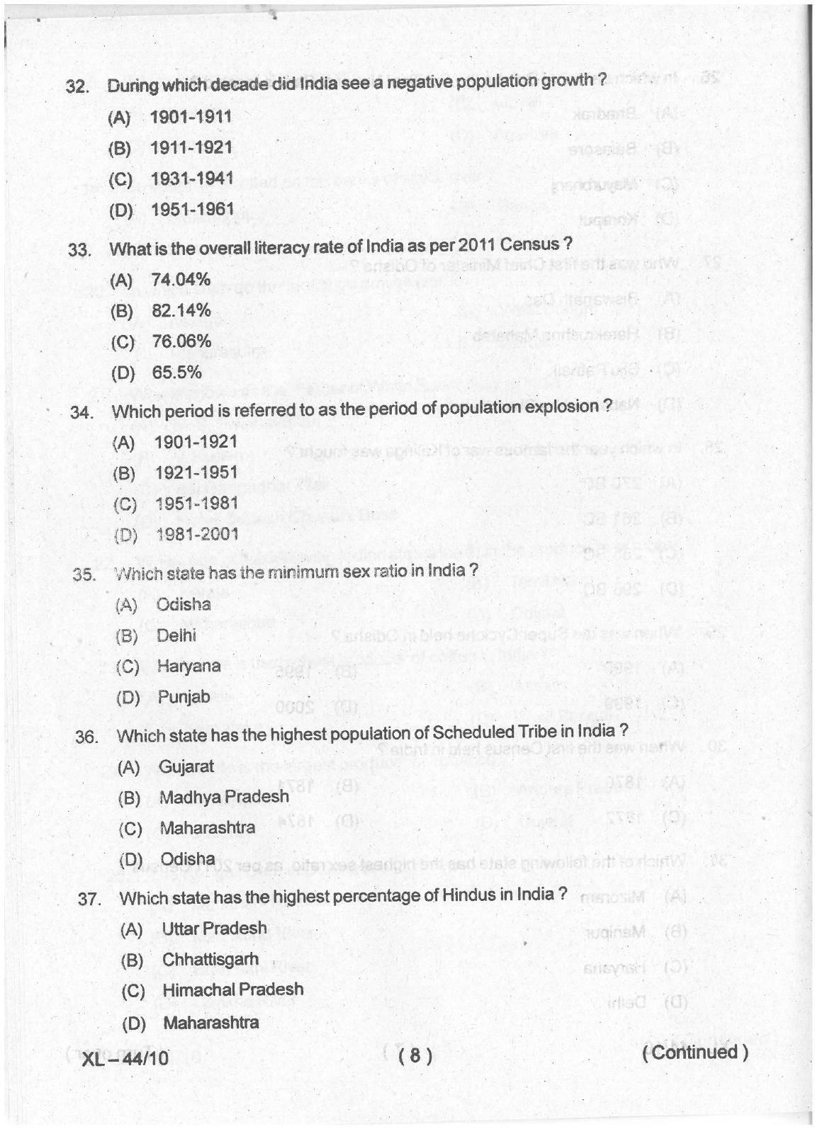 Odisha CPET 2021 POPULATION STUDIES Question Paper - Page 7