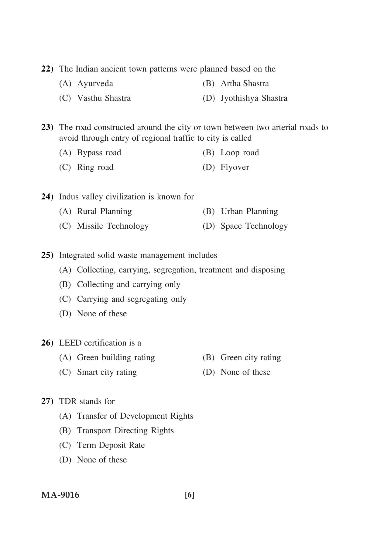 Mysore University PG Entrance Exam 2022: M.Tech Urban and Regional Planning Question Paper - Page 6