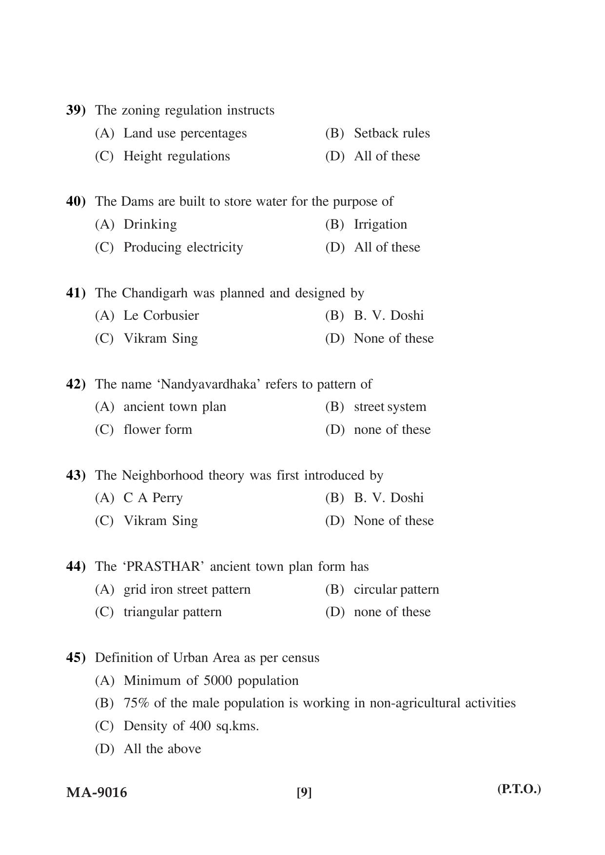 Mysore University PG Entrance Exam 2022: M.Tech Urban and Regional Planning Question Paper - Page 9