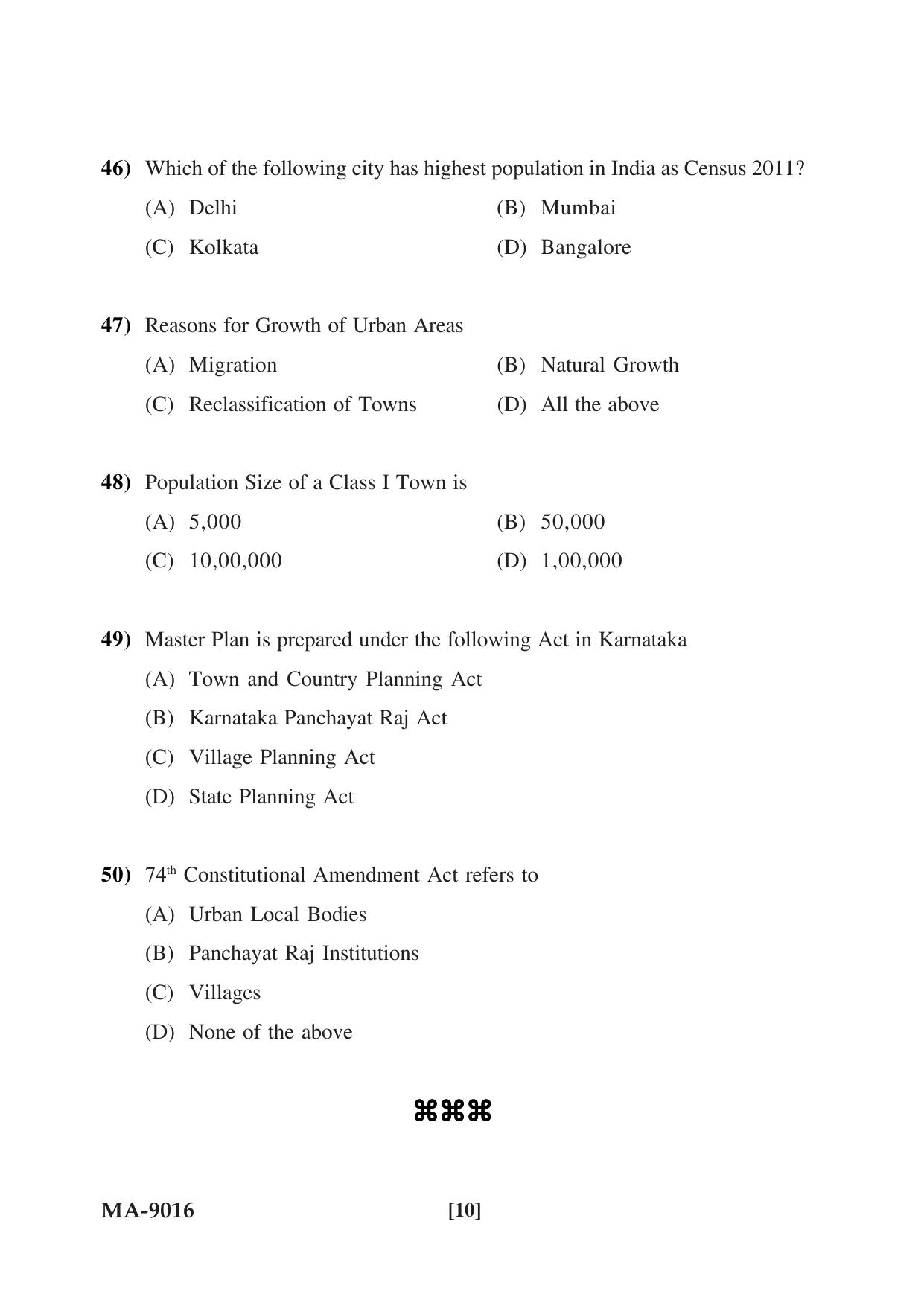 Mysore University PG Entrance Exam 2022: M.Tech Urban and Regional Planning Question Paper - Page 10