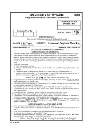 Mysore University PG Entrance Exam 2022: M.Tech Urban and Regional Planning Question Paper