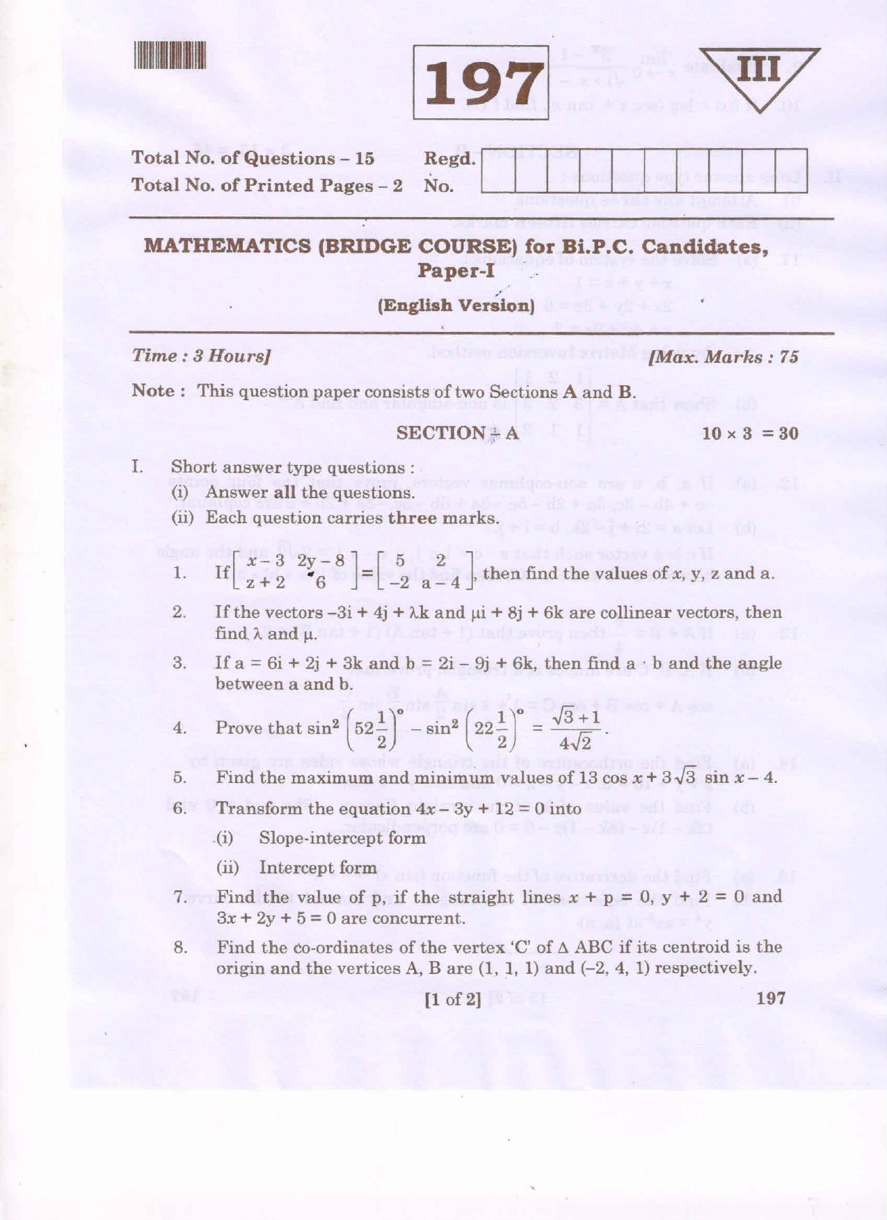 AP Inter 1st Year Mathematics - I(EM)BridgeCourse Question Paper September-2021 - Page 1
