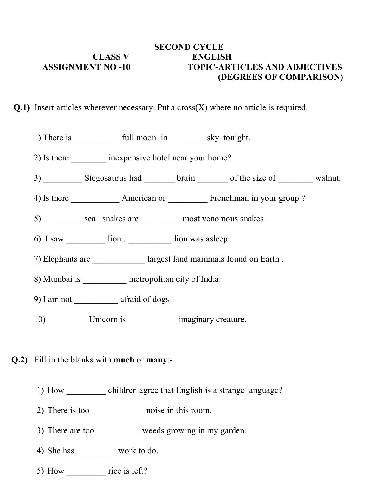 Worksheet for Class 5 English Assignment 37 - Page 1