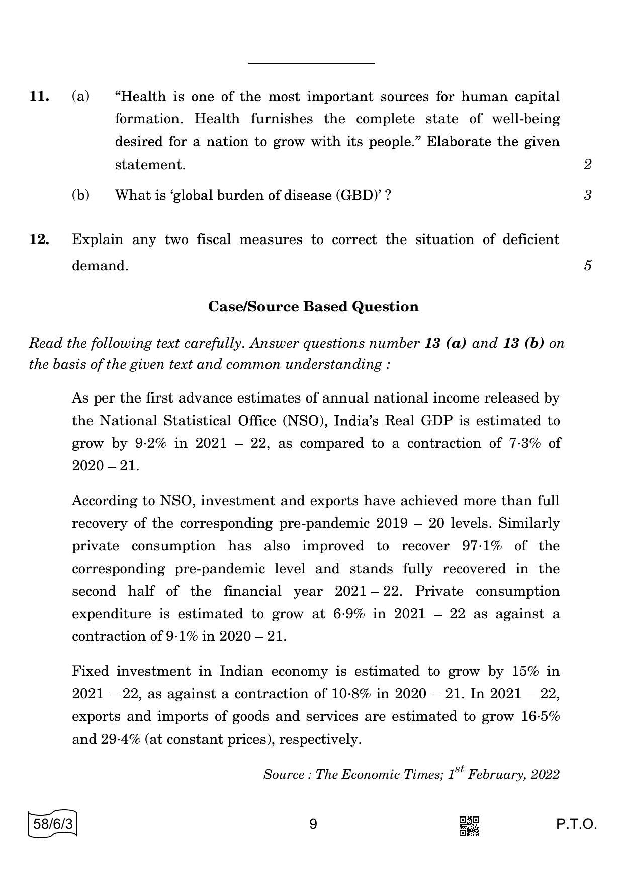 CBSE Class 12 58-6-3 ECONOMICS 2022 Compartment Question Paper - Page 9