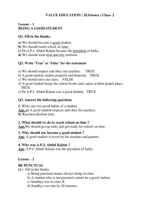 Worksheet for Class 2 Moral Science Assignment 2