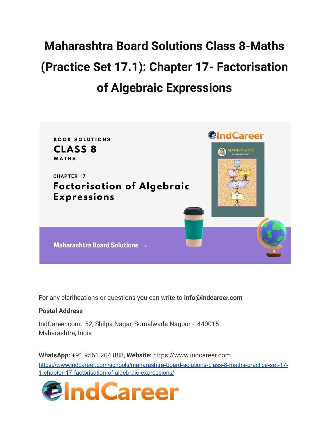 Maharashtra Board Solutions Class 8-Maths (Practice Set 17.1): Chapter 17- Factorisation of Algebraic Expressions - Page 1