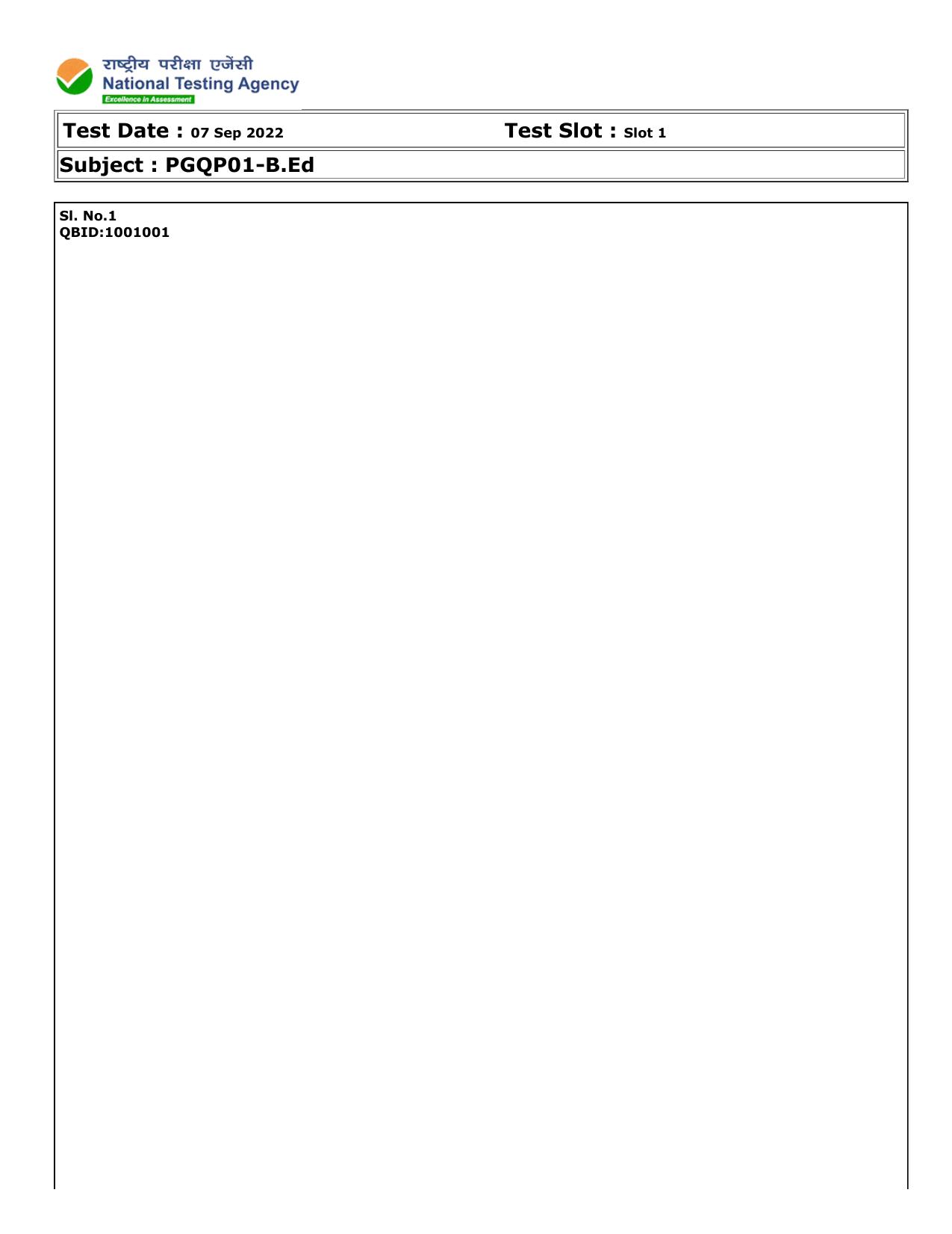 CUET (PG) 2022: PGQP-01 B.Ed (07-09-2022) Question Paper - Page 1