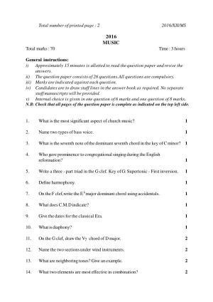 Nagaland Board Class 12 MUSIC 2016 Question Papers