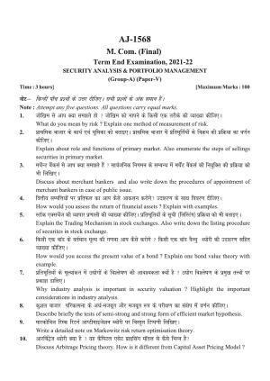 Bilaspur University Question Paper 2021-2022:M.COM (Final) Security Analysis & Portfolio Management Paper 1