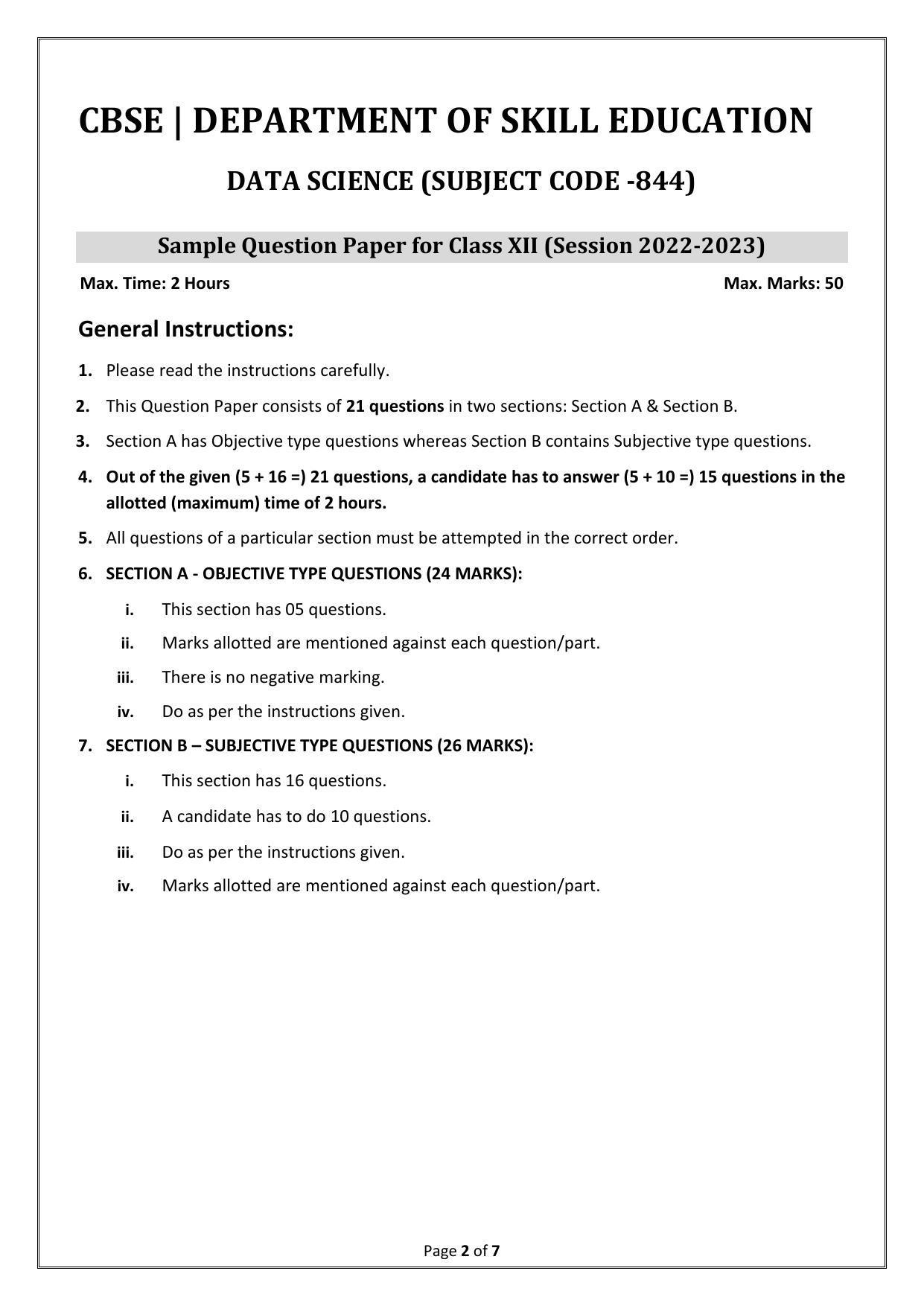 CBSE Class 12 Data Science (Skill Education) Sample Papers 2023 - Page 2