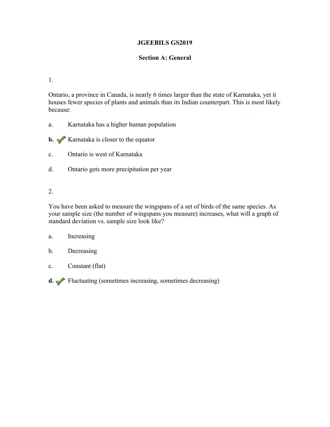 JGEEBILS Biology Question Paper 2019 - Page 1