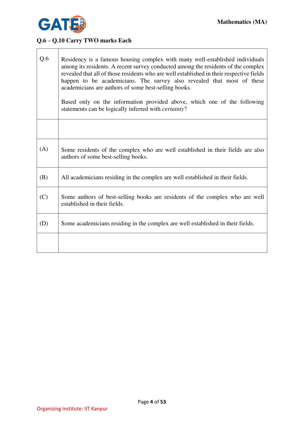 GATE 2023 Mathematics (MA) Question Paper - Page 4