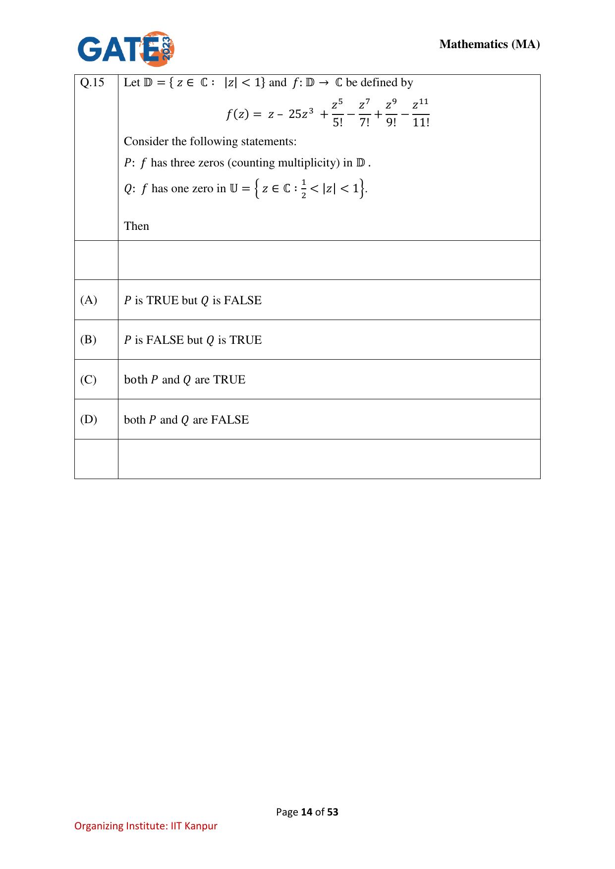 GATE 2023 Mathematics (MA) Question Paper - Page 14