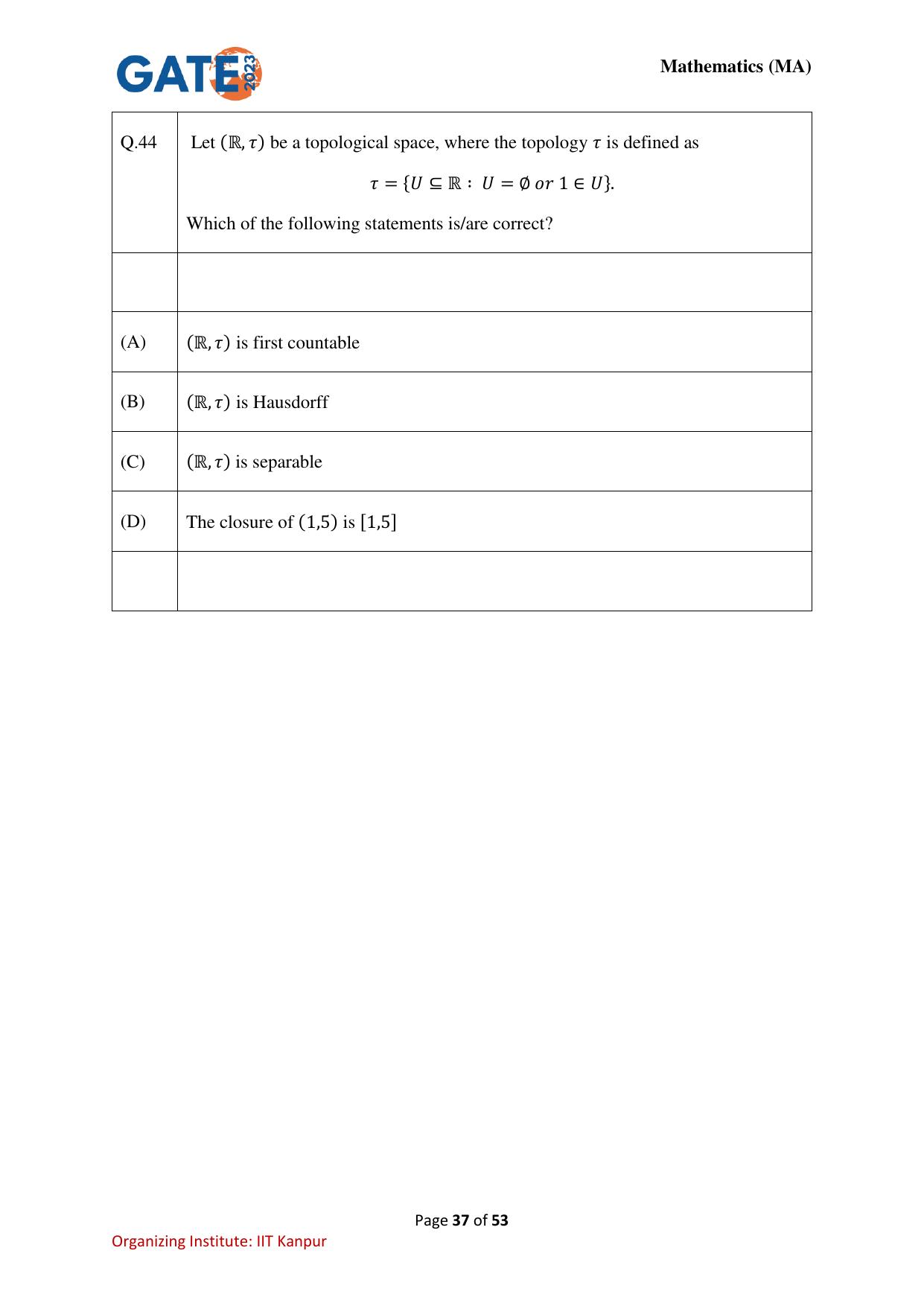 GATE 2023 Mathematics (MA) Question Paper - Page 37