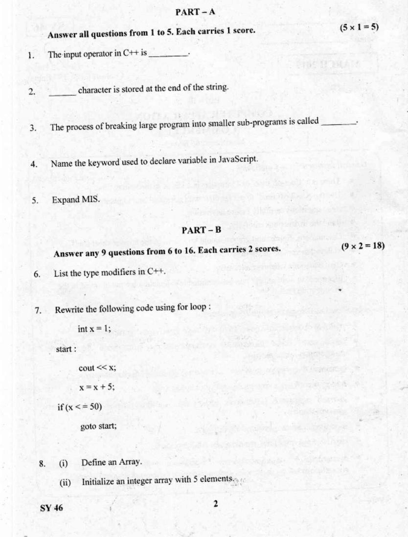 Kerala Plus Two 2019 Computer Application (Commerce) Question Paper - Page 1