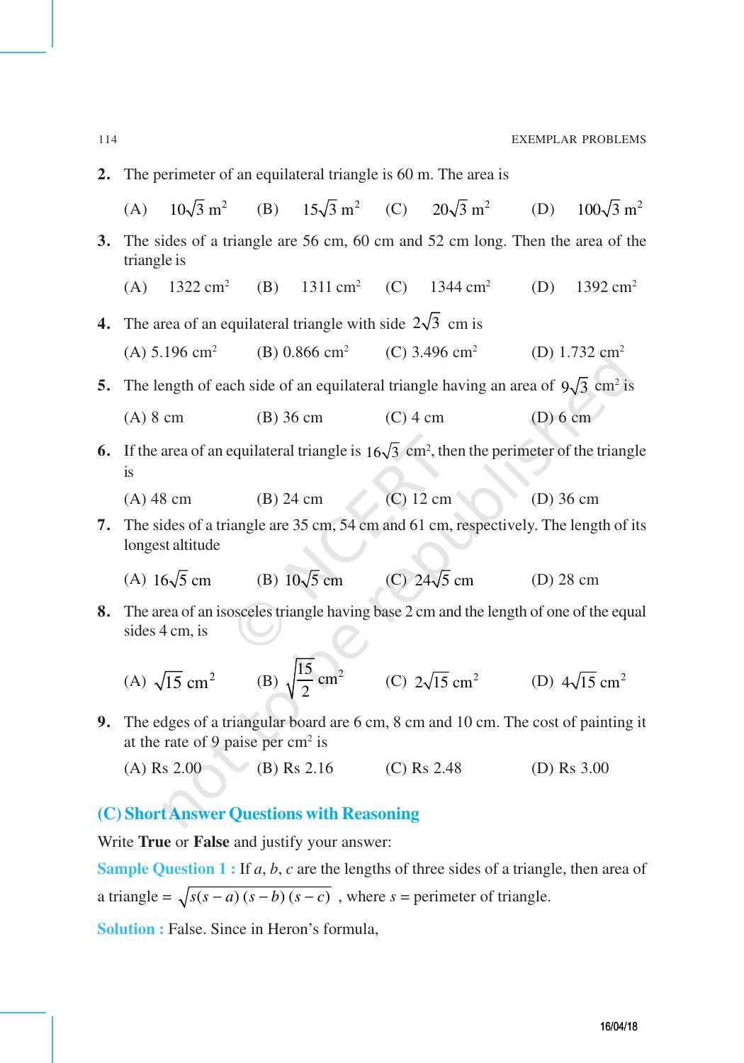 NCERT Exemplar Book for Class 9 Maths: Chapter 12 Heron’s Formula - Page 3