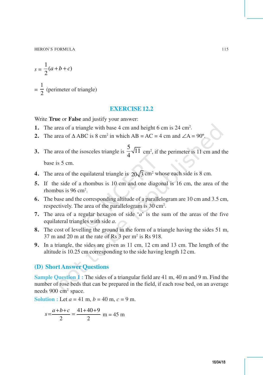 NCERT Exemplar Book for Class 9 Maths: Chapter 12 Heron’s Formula - Page 4