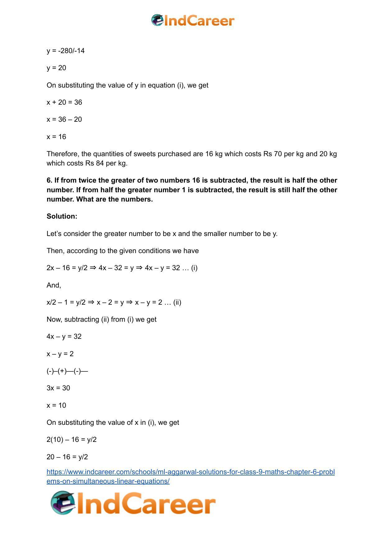 ML Aggarwal Solutions for Class 9 Maths Chapter 6- Problems on Simultaneous Linear Equations - Page 6
