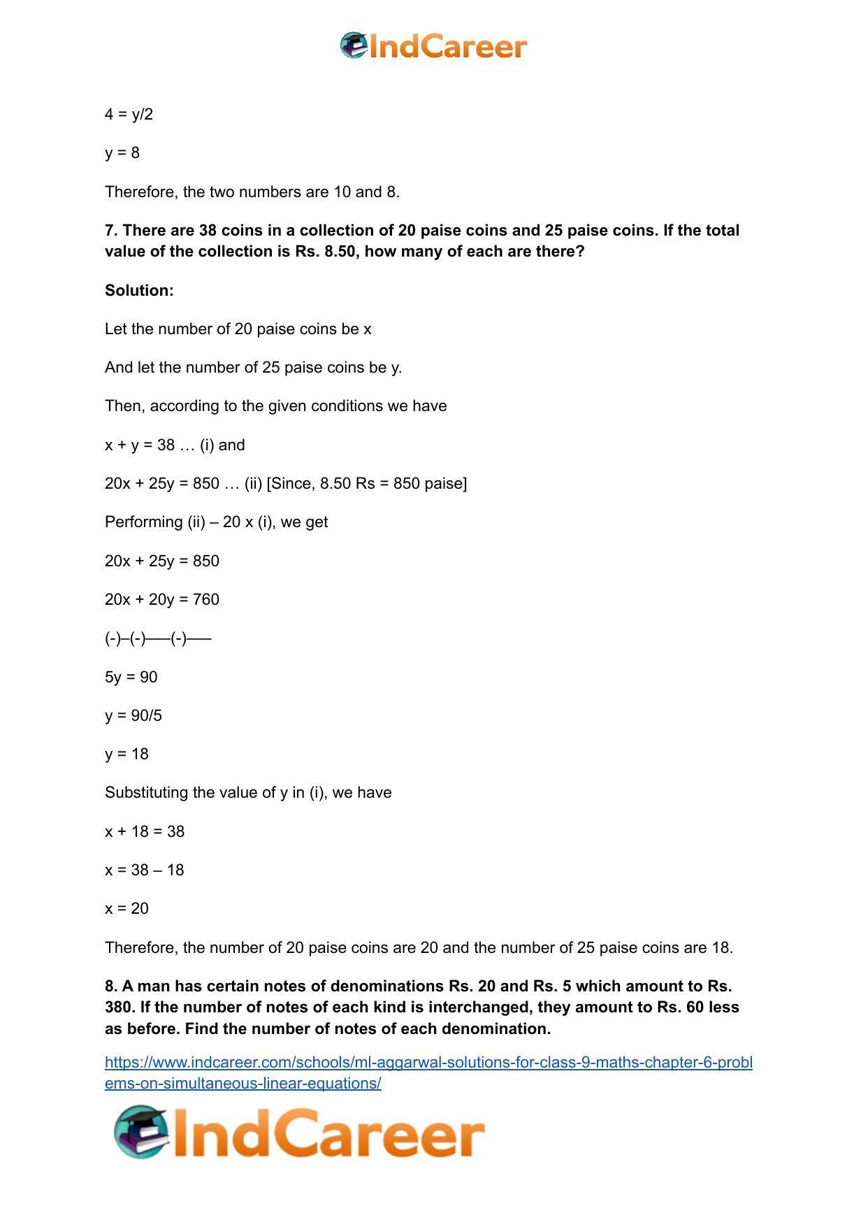 ML Aggarwal Solutions for Class 9 Maths Chapter 6- Problems on Simultaneous Linear Equations - Page 7