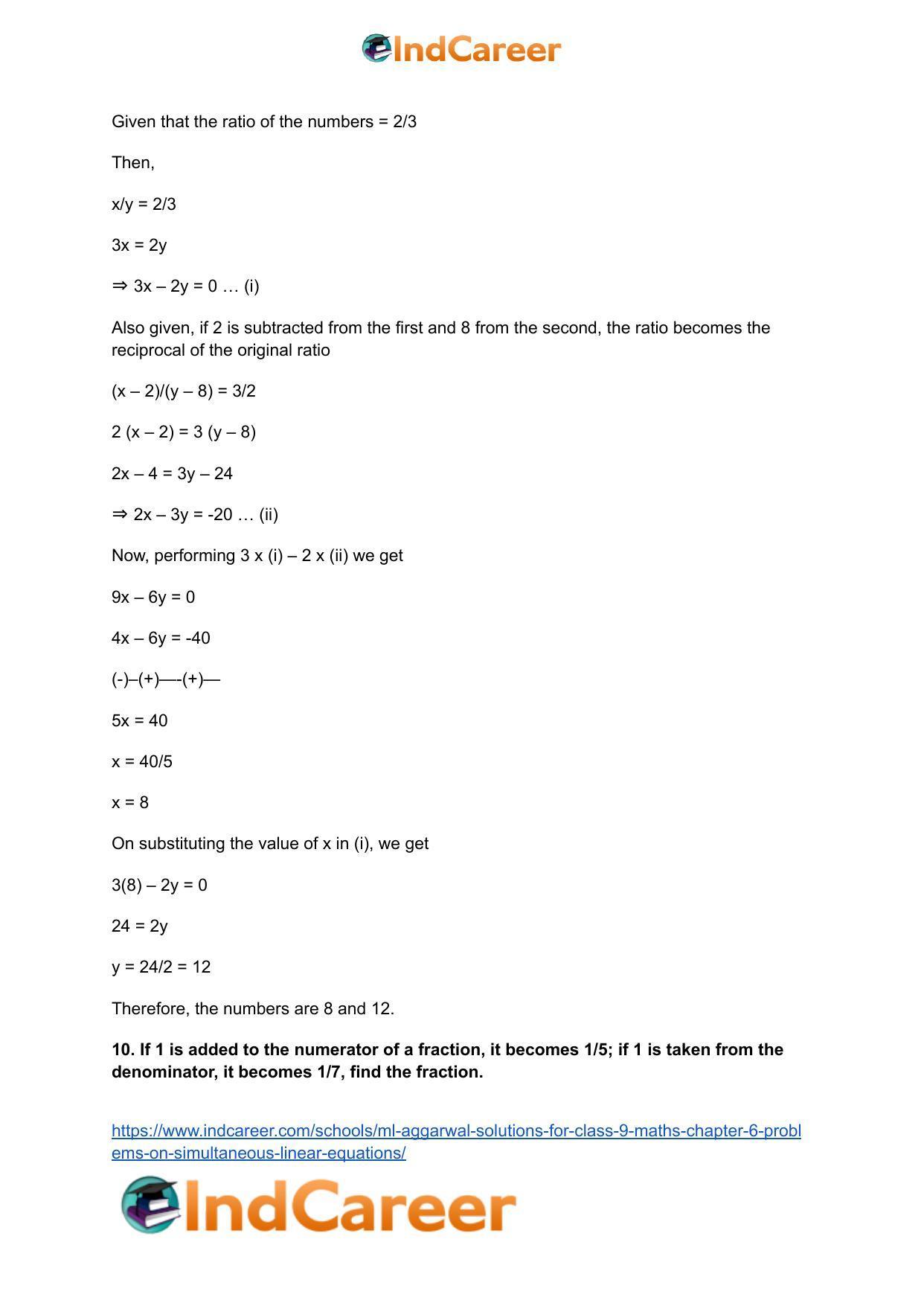 ML Aggarwal Solutions for Class 9 Maths Chapter 6- Problems on Simultaneous Linear Equations - Page 9