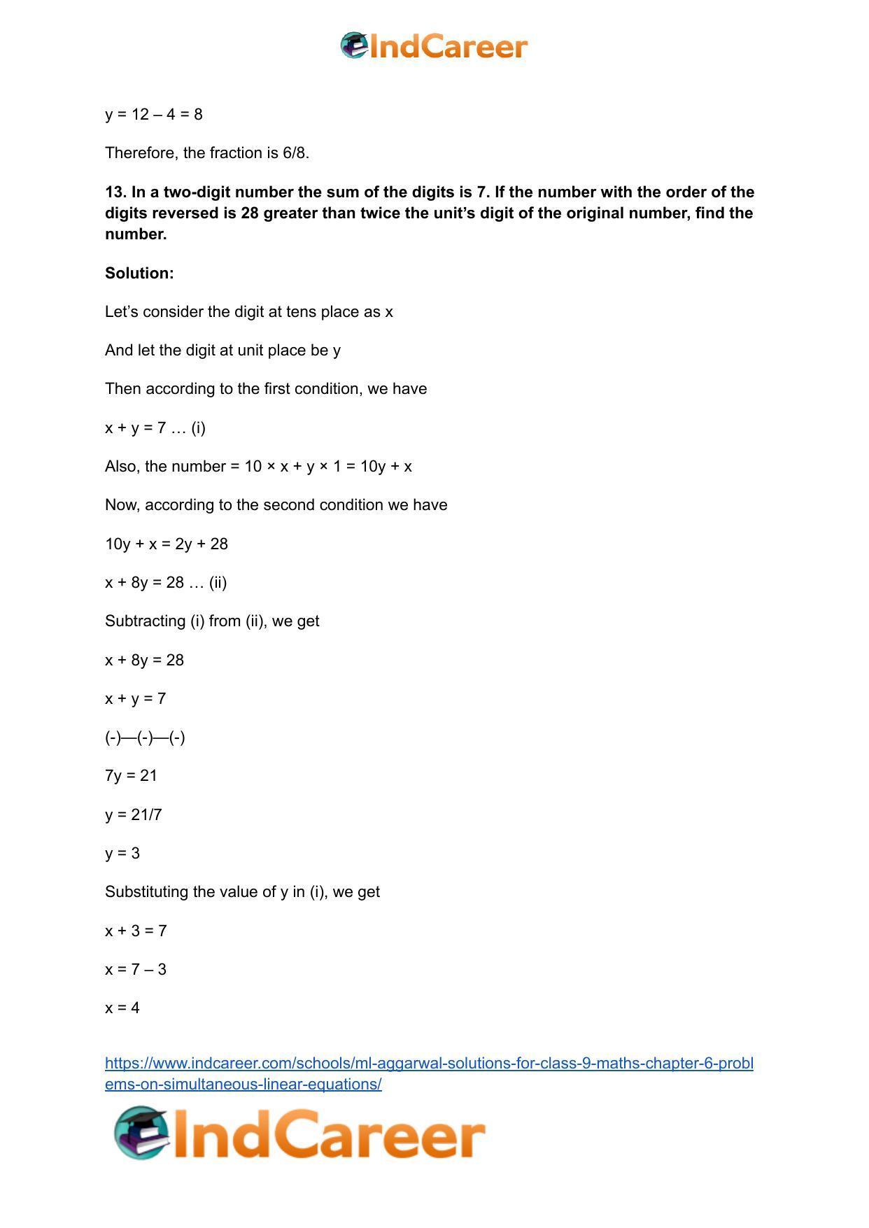 ML Aggarwal Solutions for Class 9 Maths Chapter 6- Problems on Simultaneous Linear Equations - Page 13