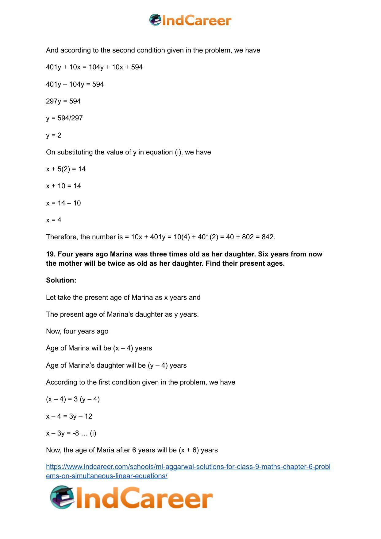 ML Aggarwal Solutions for Class 9 Maths Chapter 6- Problems on Simultaneous Linear Equations - Page 19