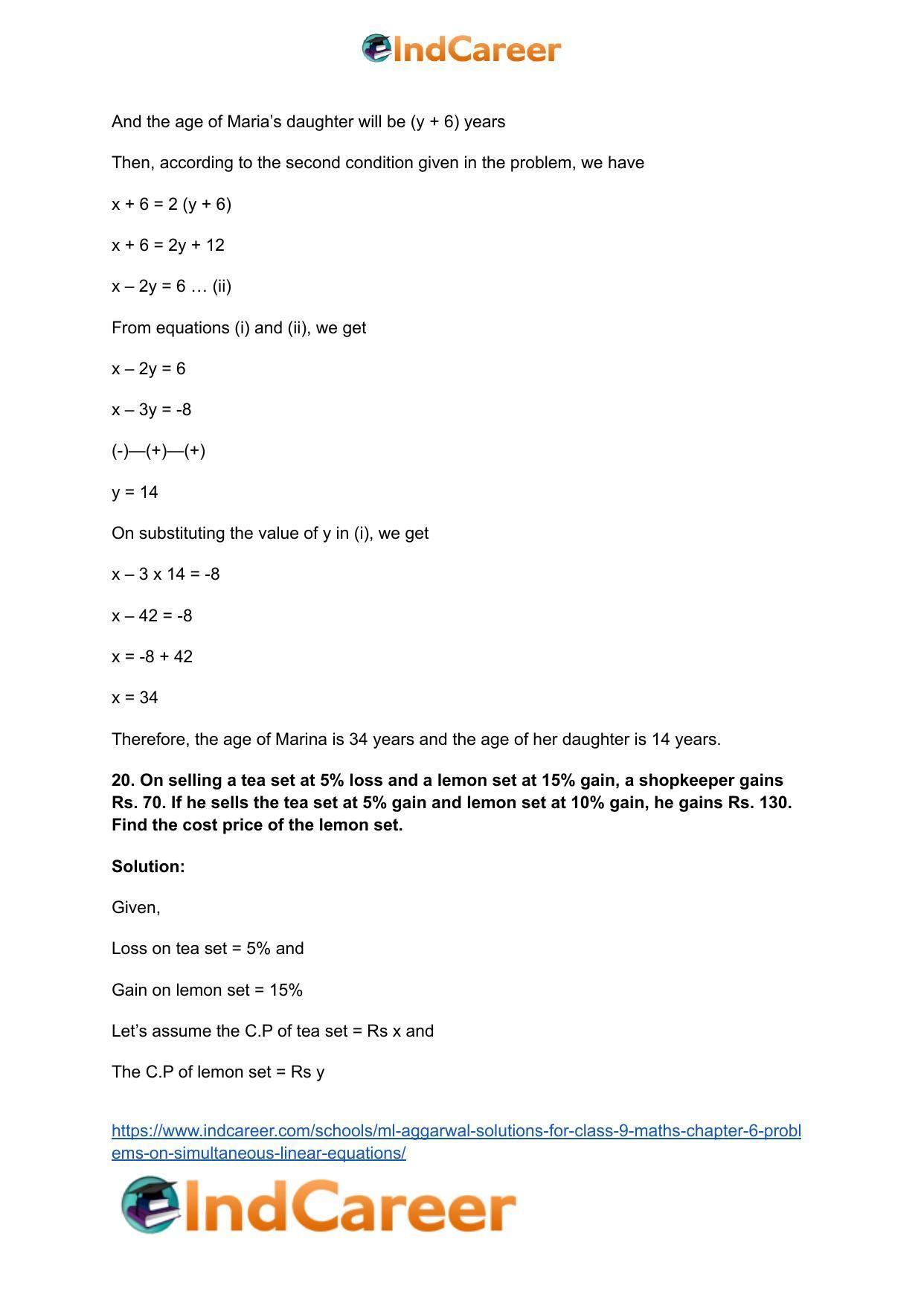 ML Aggarwal Solutions for Class 9 Maths Chapter 6- Problems on Simultaneous Linear Equations - Page 20