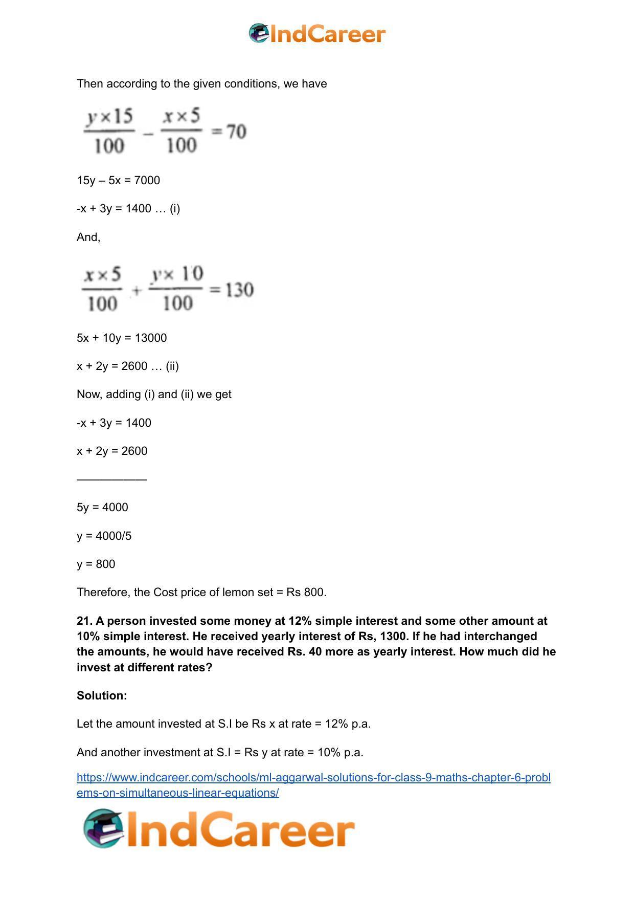 ML Aggarwal Solutions for Class 9 Maths Chapter 6- Problems on Simultaneous Linear Equations - Page 21