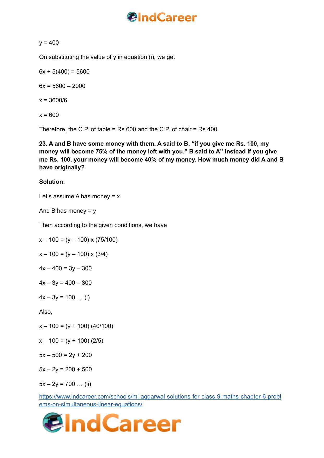 ML Aggarwal Solutions for Class 9 Maths Chapter 6- Problems on Simultaneous Linear Equations - Page 24