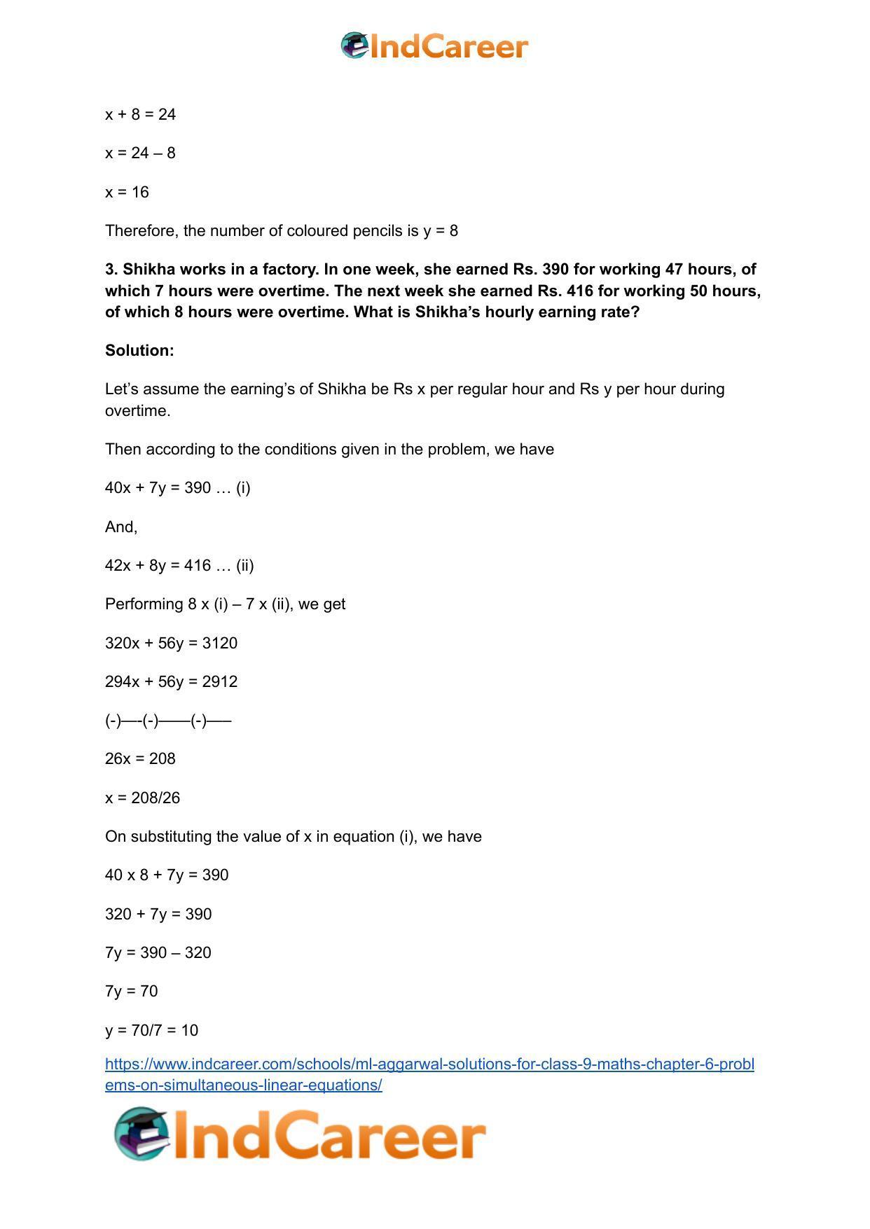 ML Aggarwal Solutions for Class 9 Maths Chapter 6- Problems on Simultaneous Linear Equations - Page 37