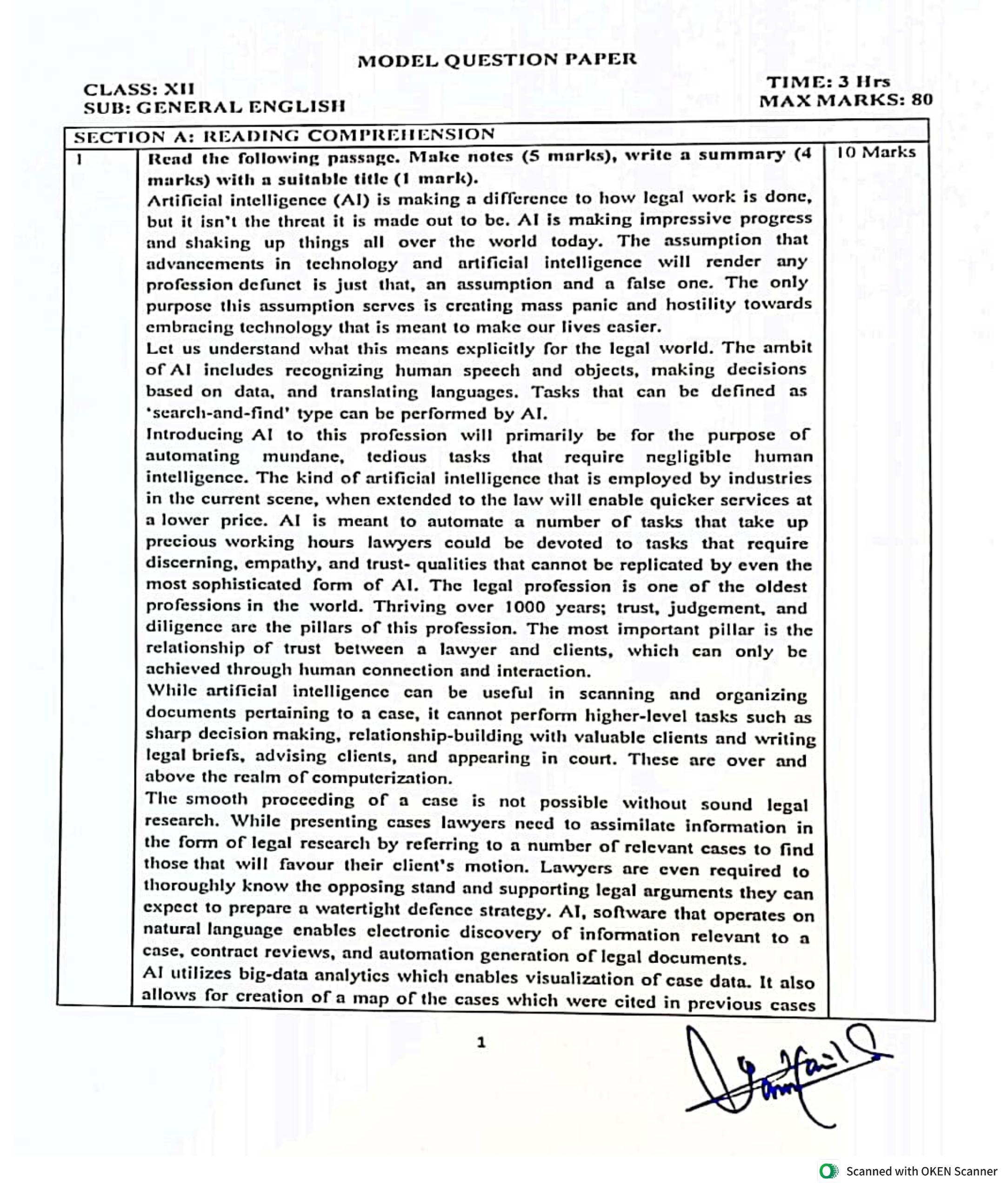 JKBOSE Class 12 English Model Question Paper - Page 1