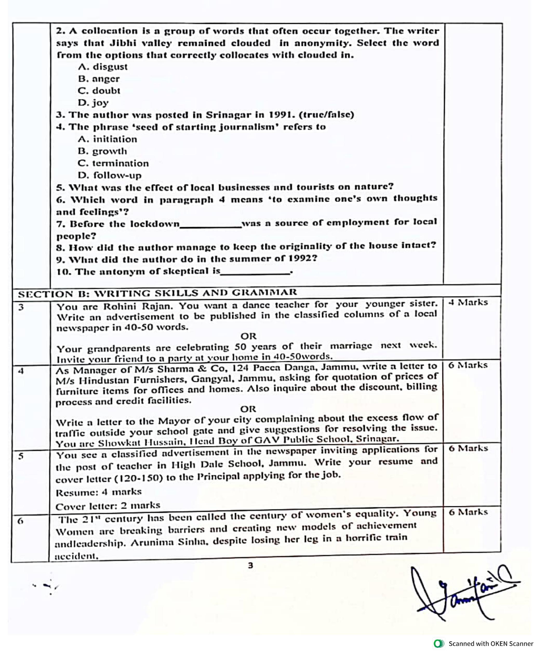 JKBOSE Class 12 English Model Question Paper - Page 3