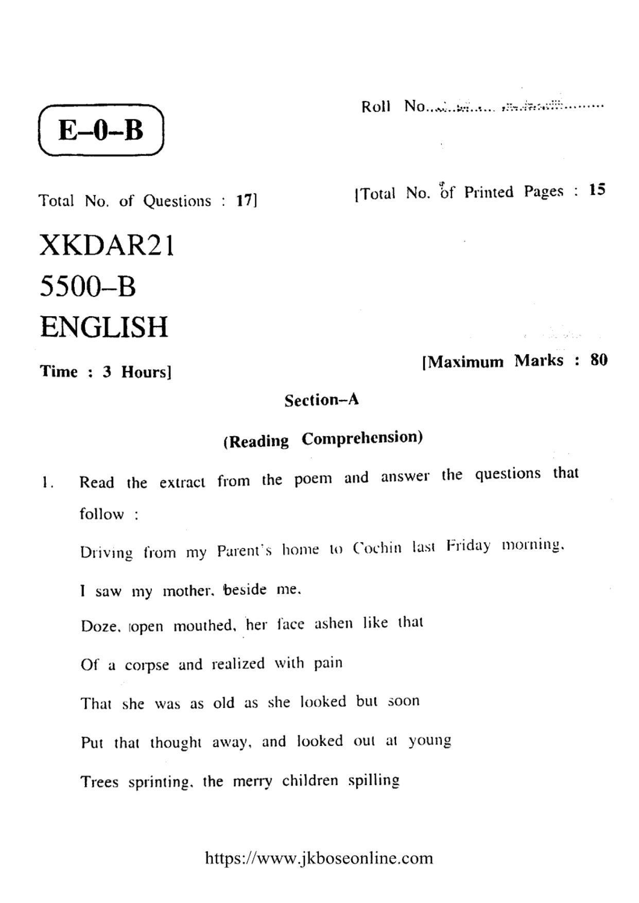JKBOSE CLASS 10 English (5500-B) 2021 - Page 1