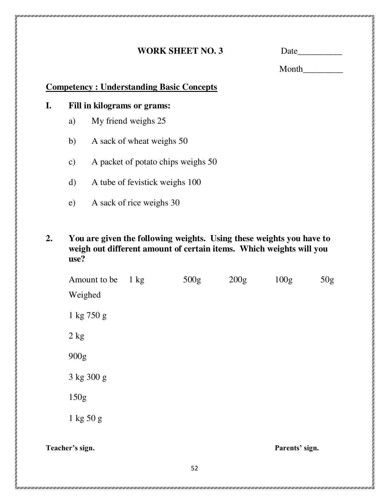 Worksheet for Class 4 Maths How Heavy How Light Assignment 4 - Page 1