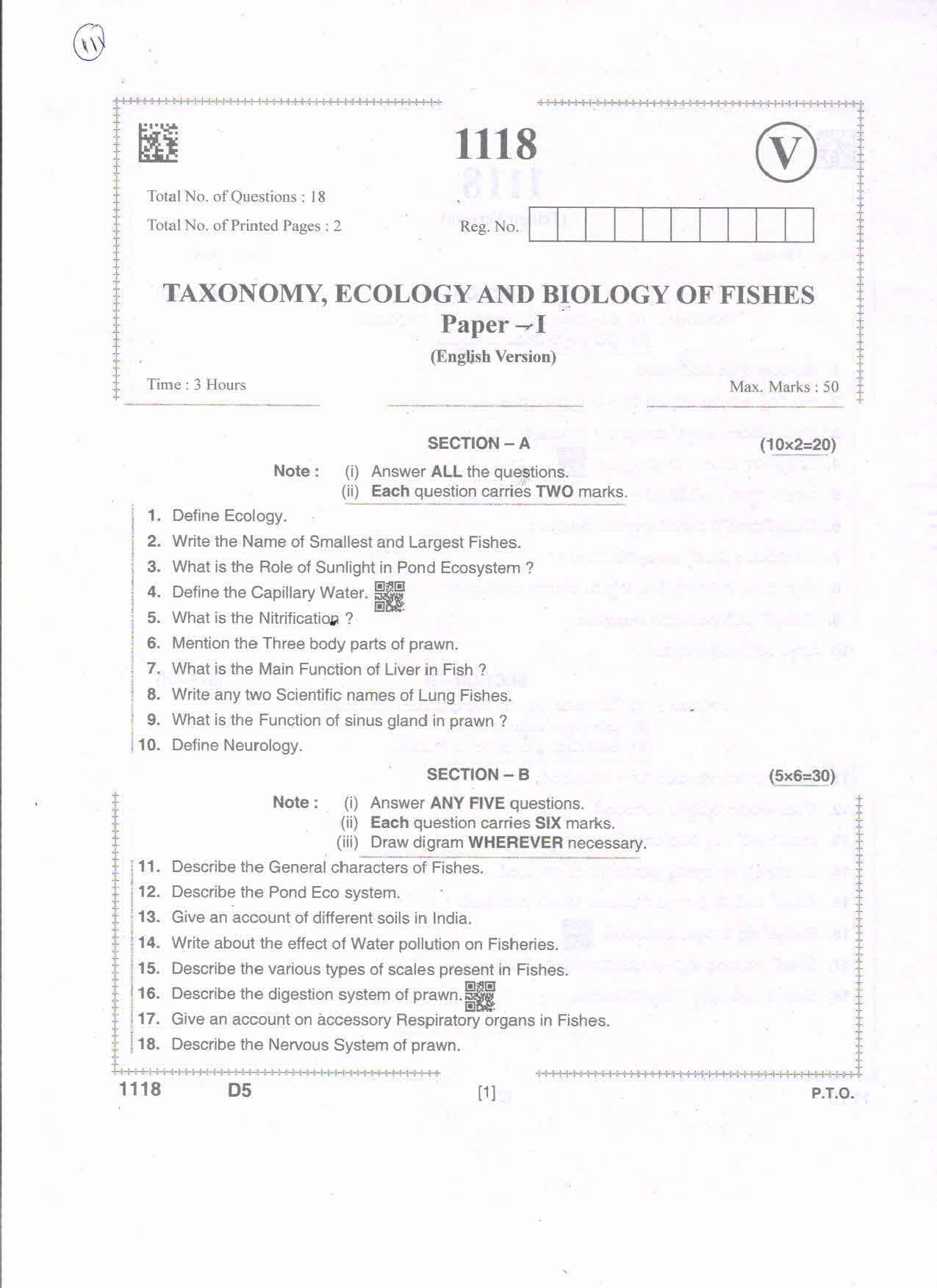 AP Intermediate 2nd Year Vocational Question Paper September-2021 -  Taxonomy,Ecology&BiologyofFishes-I - Page 1