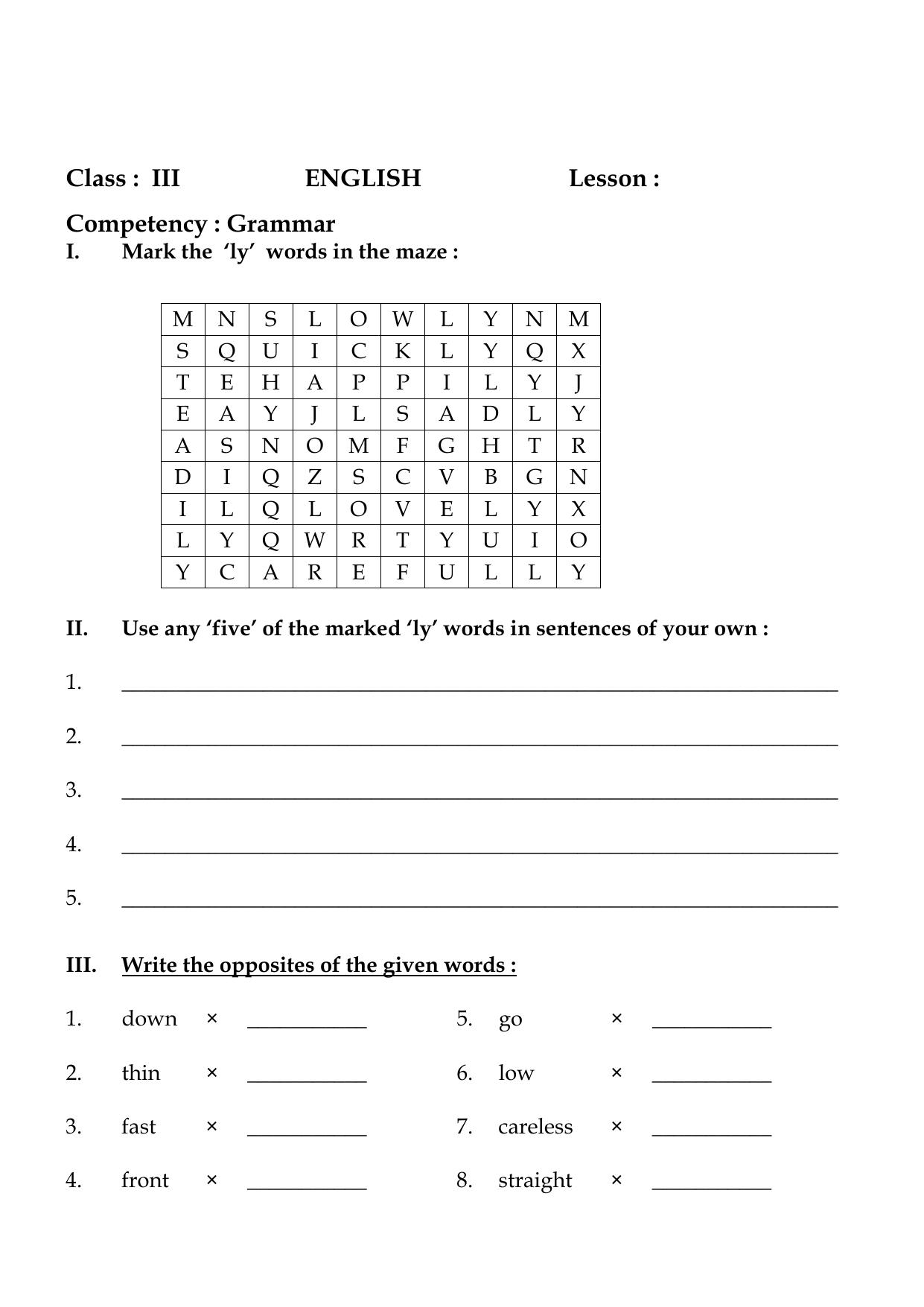 Worksheet for Class 3 English Grammar Assignment - Page 1