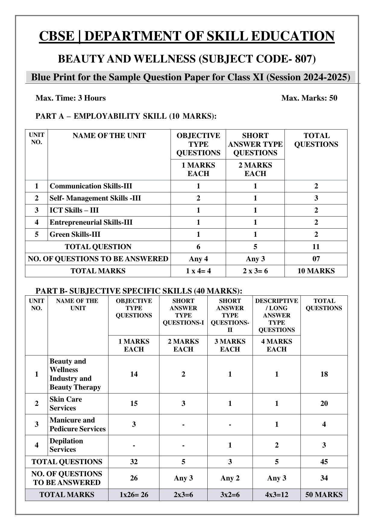 CBSE Class 11: Beauty And Wellness 2025 Sample Paper - Page 1