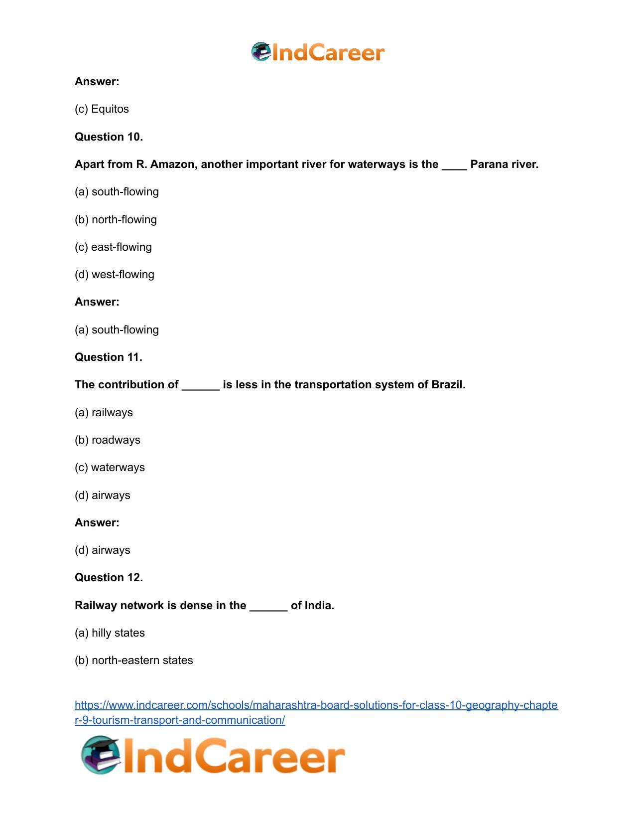 Maharashtra Board Solutions for Class 10- Geography: Chapter 9- Tourism, Transport and Communication - Page 37