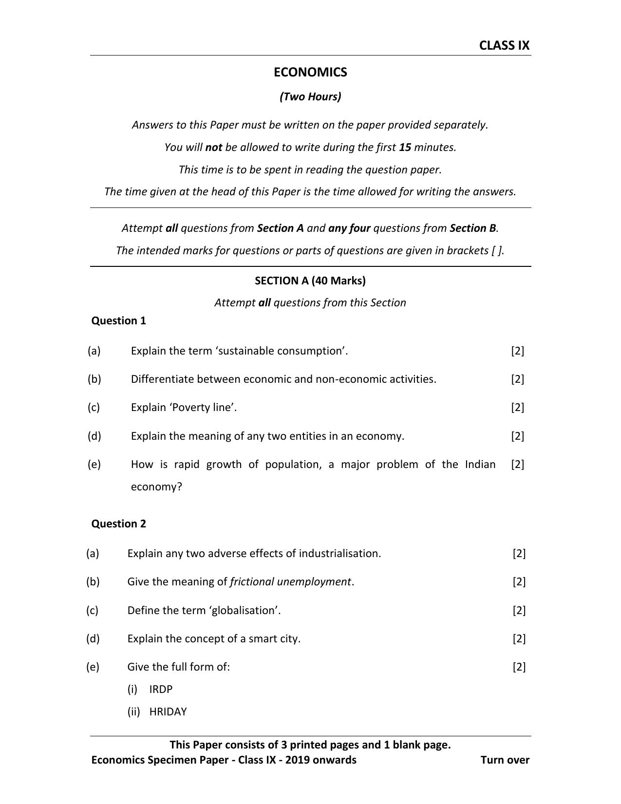 ICSE Class 9 Economics Sample Paper - Page 1