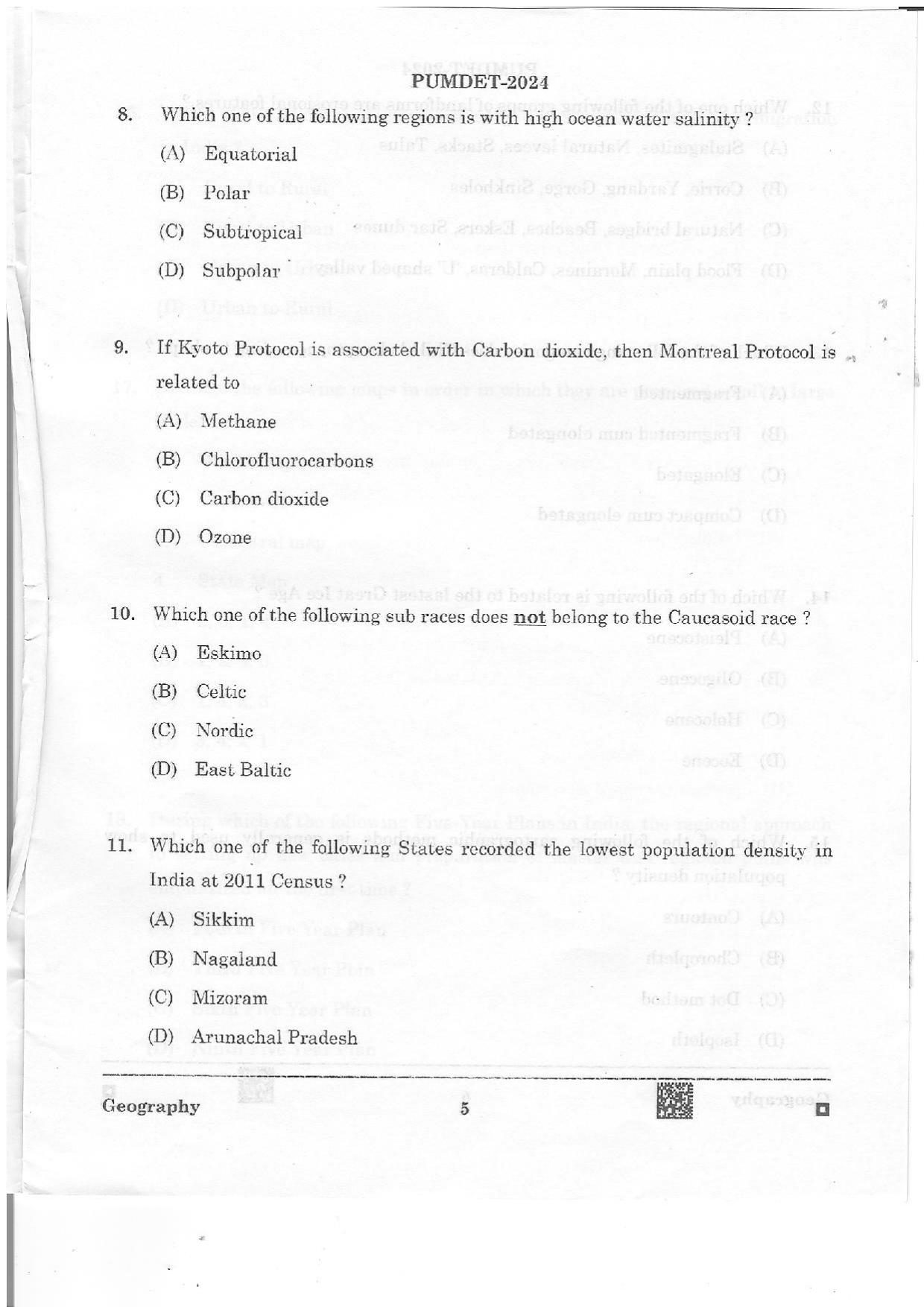 PUMDET 2024 Geography Question Paper - Page 5