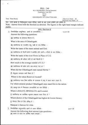 Bilaspur University Question Paper June 2022:M.A. Geography (Second Semester) Geography Of Chhatisgarh Paper 1